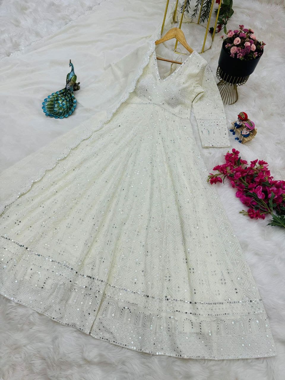 Ivory Luxe Embroidered Anarkali Gown Suit with Statement Sleeves