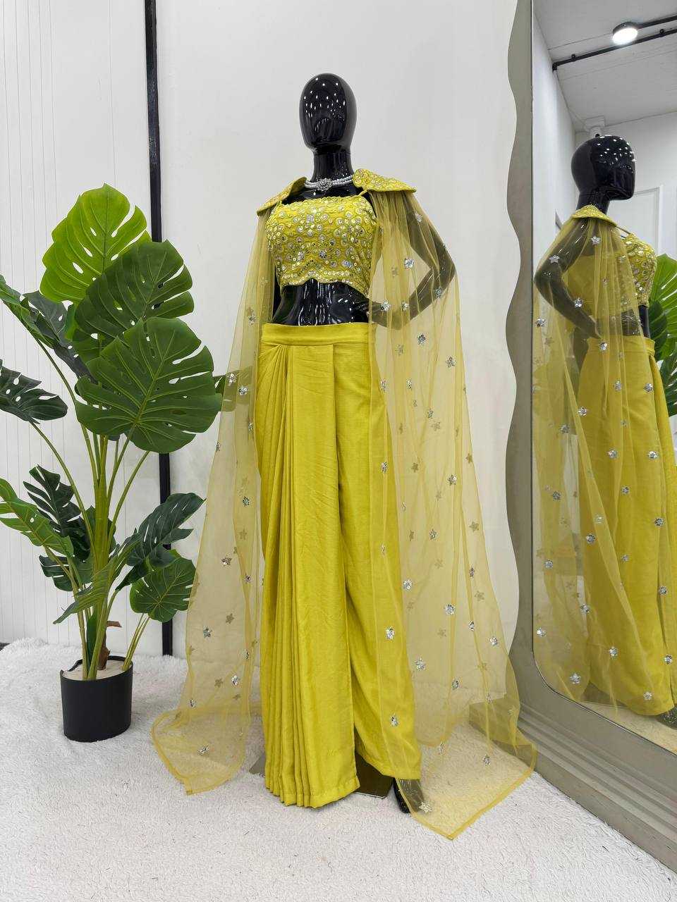 Sunlit Spark – Yellow Embroidered Chinon Dhoti Set with Shrug 💛
