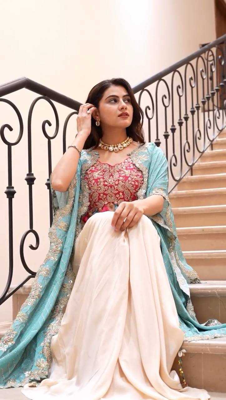 Regal Radiance 3-Piece Indo-Western Set – Tube Blouse, Draped Skirt & Embroidered Shrug