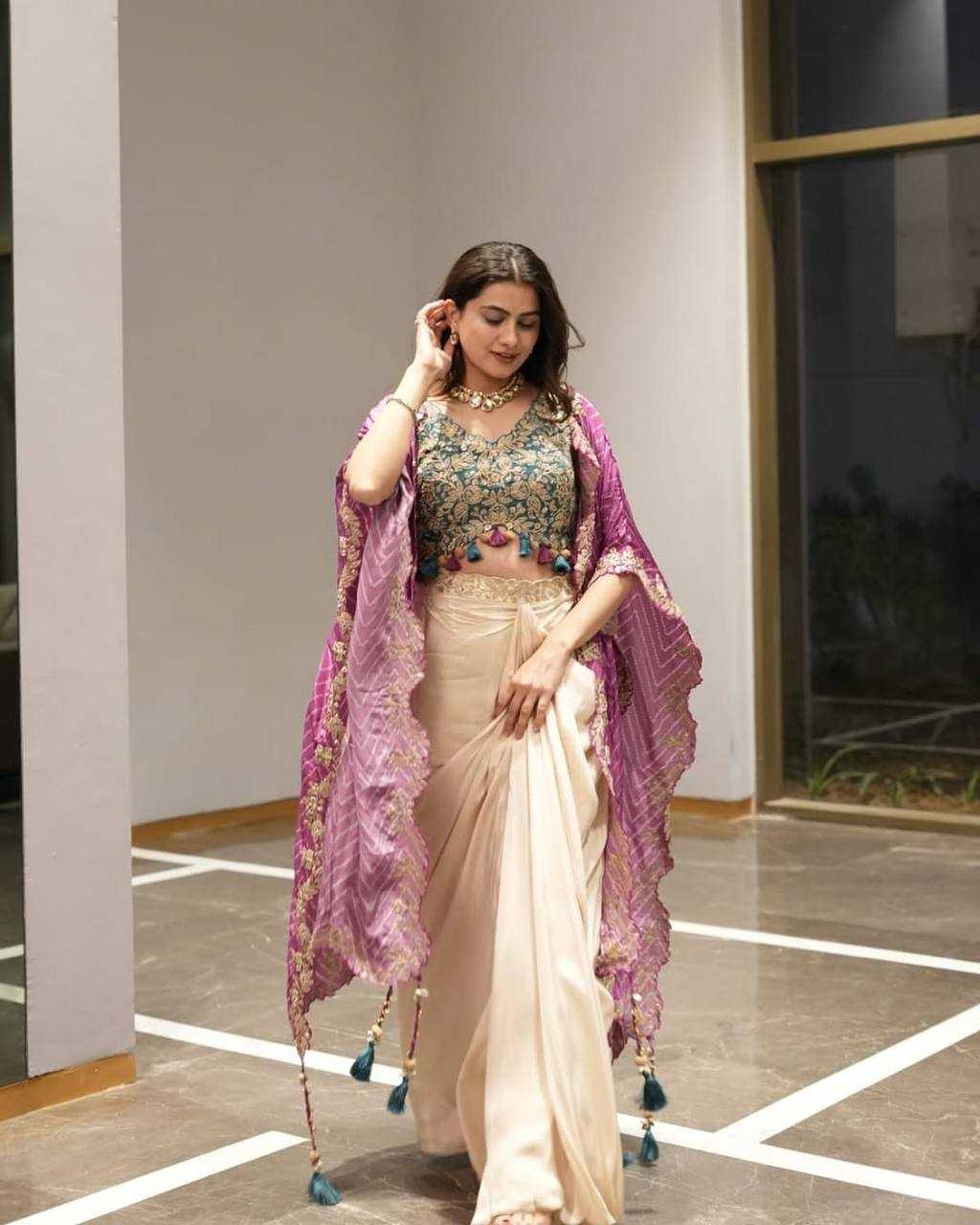 Regal Radiance 3-Piece Indo-Western Set – Tube Blouse, Draped Skirt & Embroidered Shrug