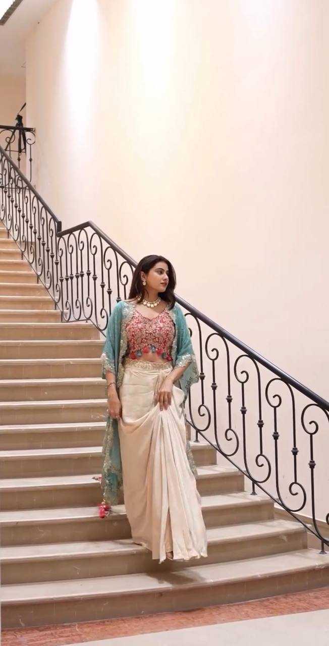 Regal Radiance 3-Piece Indo-Western Set – Tube Blouse, Draped Skirt & Embroidered Shrug