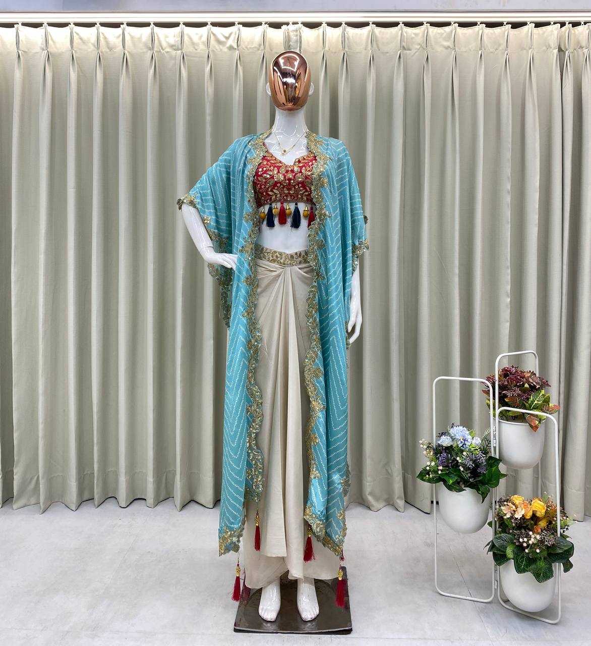 Regal Radiance 3-Piece Indo-Western Set – Tube Blouse, Draped Skirt & Embroidered Shrug