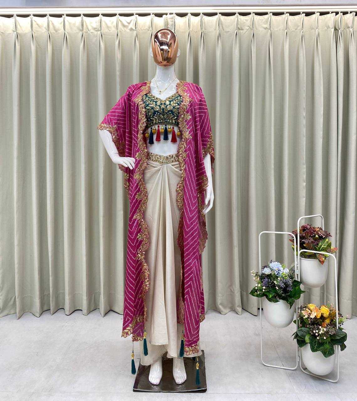 Regal Radiance 3-Piece Indo-Western Set – Tube Blouse, Draped Skirt & Embroidered Shrug
