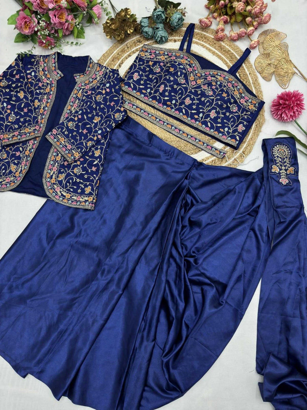 Premium Heavy Satin Silk Indo-Western Drape Set with Embroidered Jacket & Designer Blouse