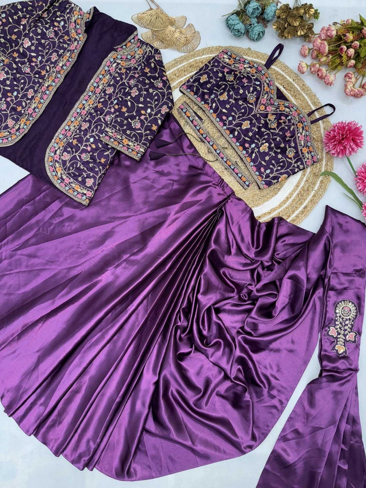 Premium Heavy Satin Silk Indo-Western Drape Set with Embroidered Jacket & Designer Blouse