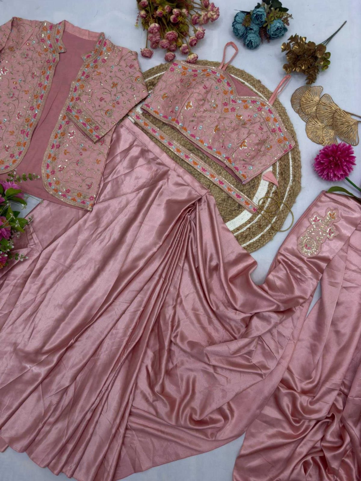 Premium Heavy Satin Silk Indo-Western Drape Set with Embroidered Jacket & Designer Blouse