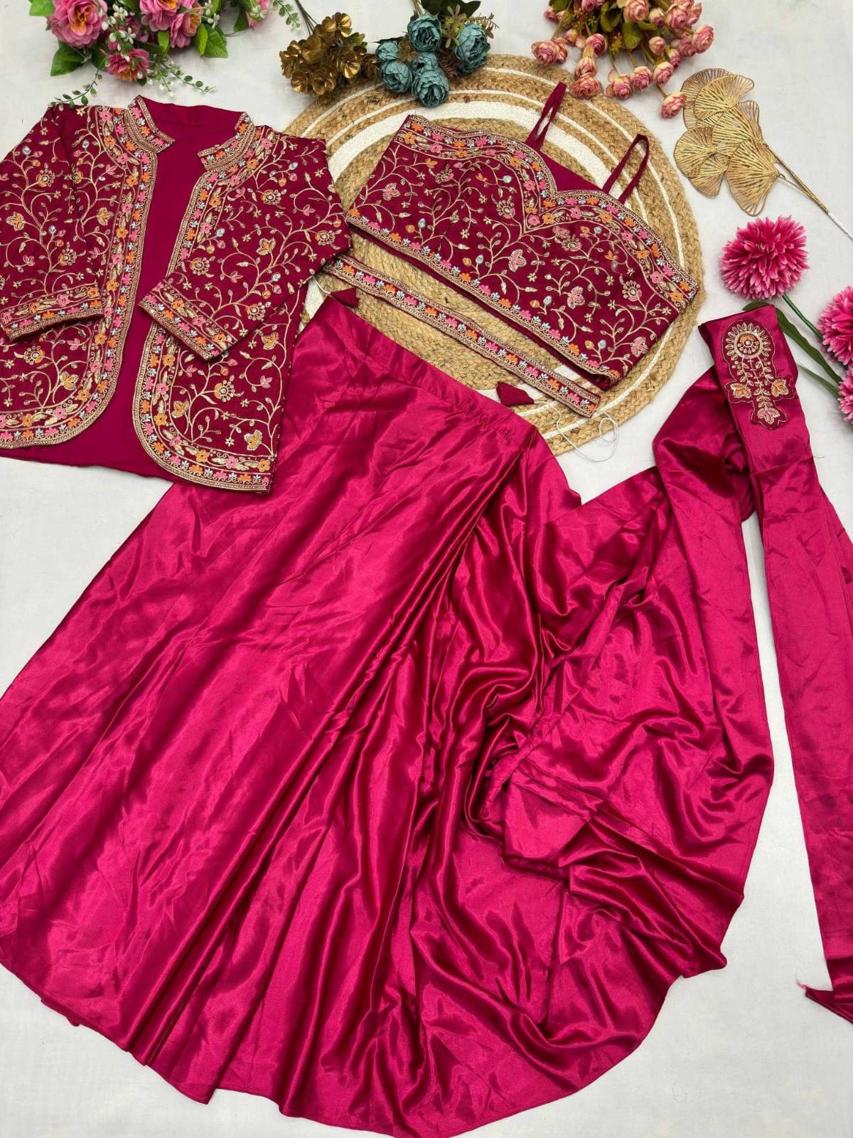 Premium Heavy Satin Silk Indo-Western Drape Set with Embroidered Jacket & Designer Blouse