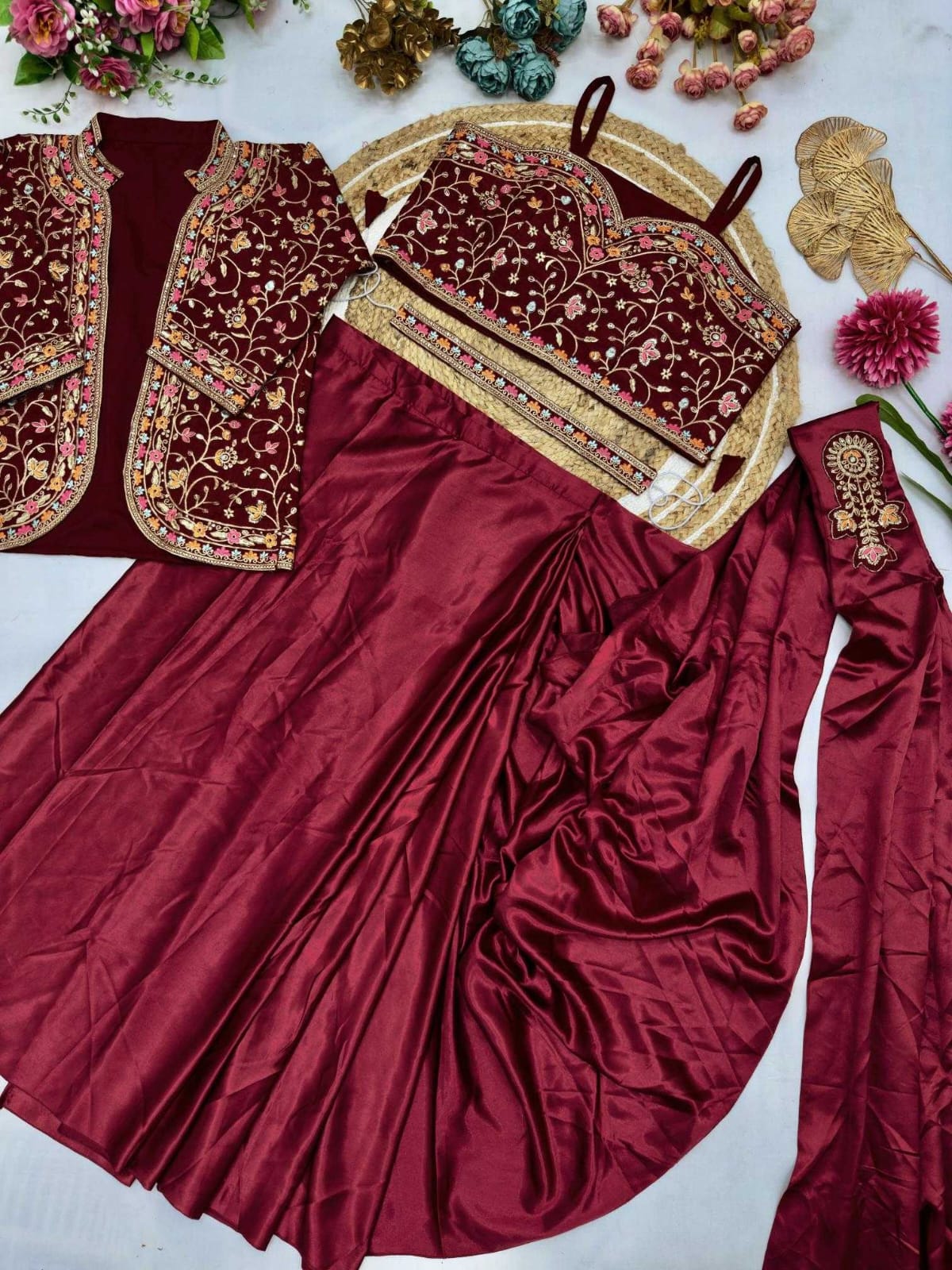 Premium Heavy Satin Silk Indo-Western Drape Set with Embroidered Jacket & Designer Blouse