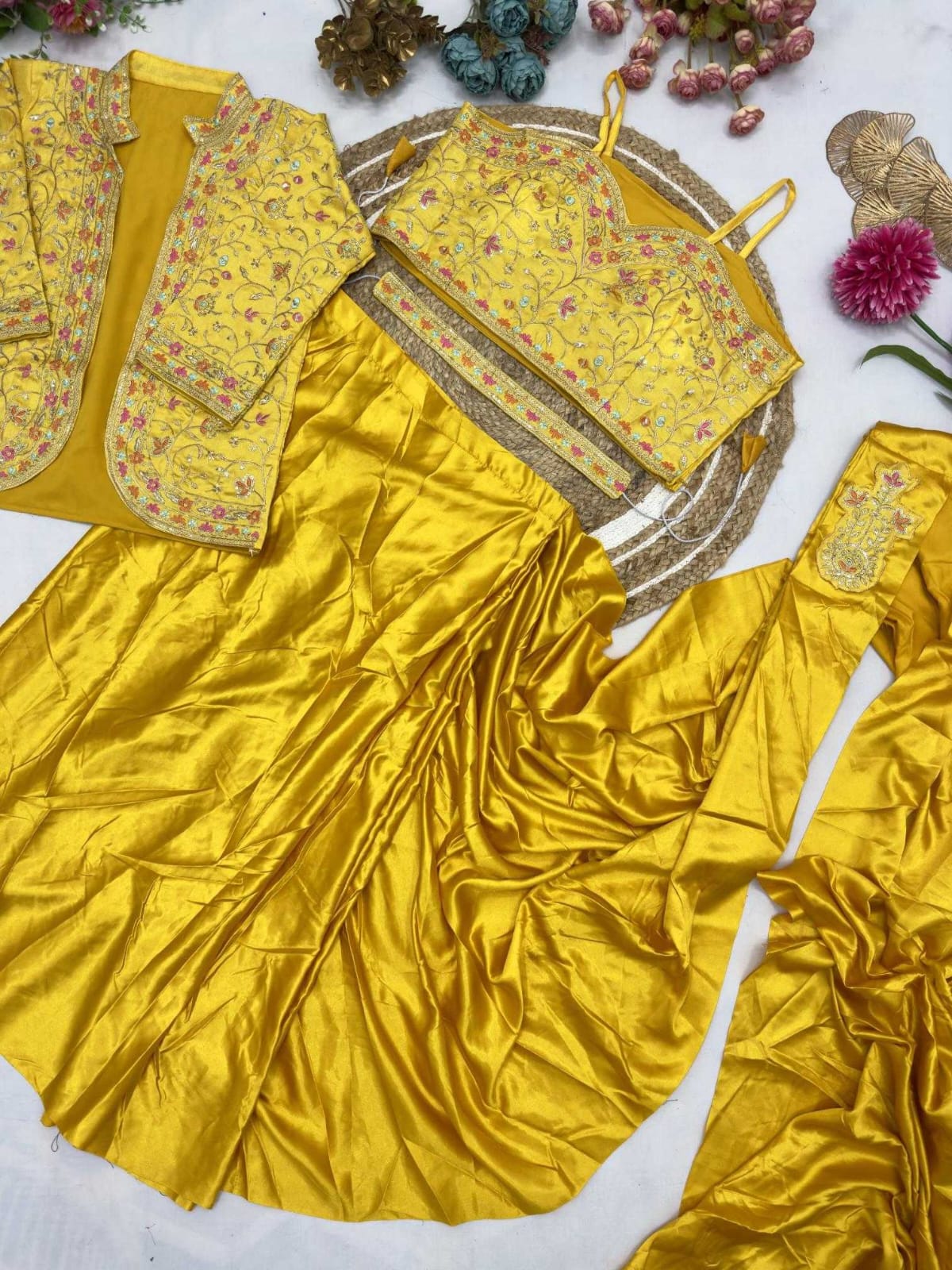 Premium Heavy Satin Silk Indo-Western Drape Set with Embroidered Jacket & Designer Blouse
