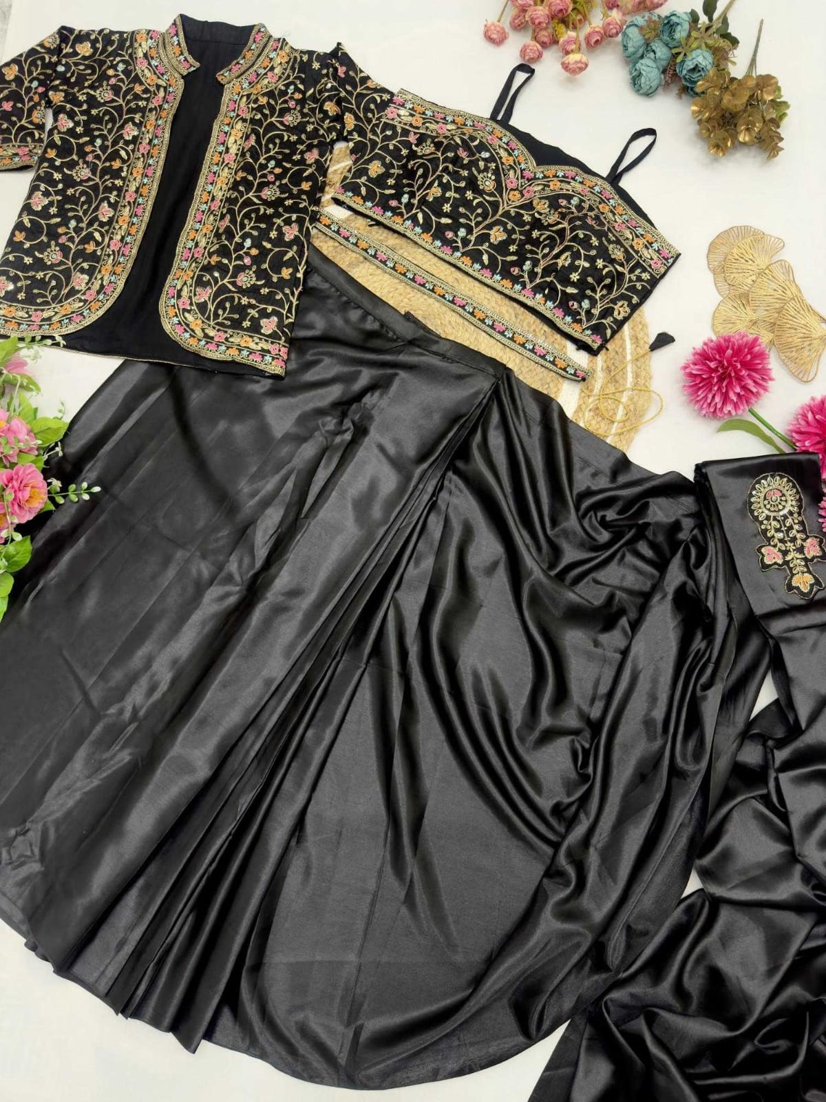 Premium Heavy Satin Silk Indo-Western Drape Set with Embroidered Jacket & Designer Blouse