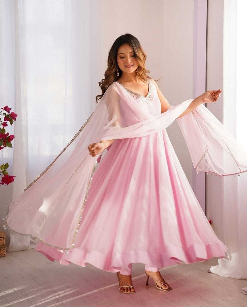 Blush Pink Embellished Anarkali Gown with Dupatta in Georgette