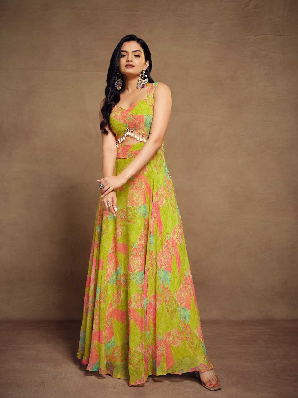 Vibrant Multicolor Faux Georgette Flared Gown with Mirror Detailing