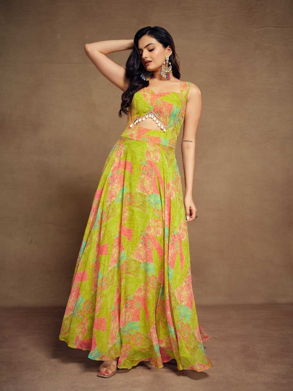 Vibrant Multicolor Faux Georgette Flared Gown with Mirror Detailing