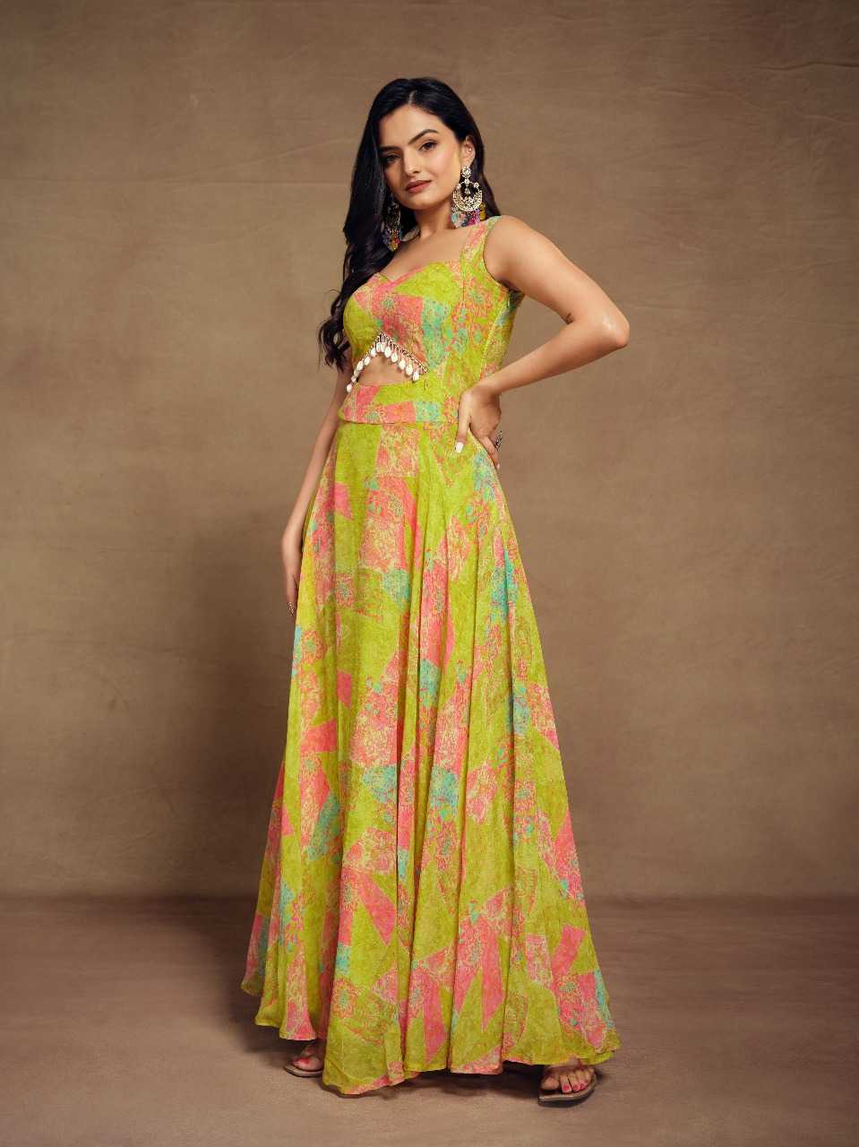 Vibrant Multicolor Faux Georgette Flared Gown with Mirror Detailing
