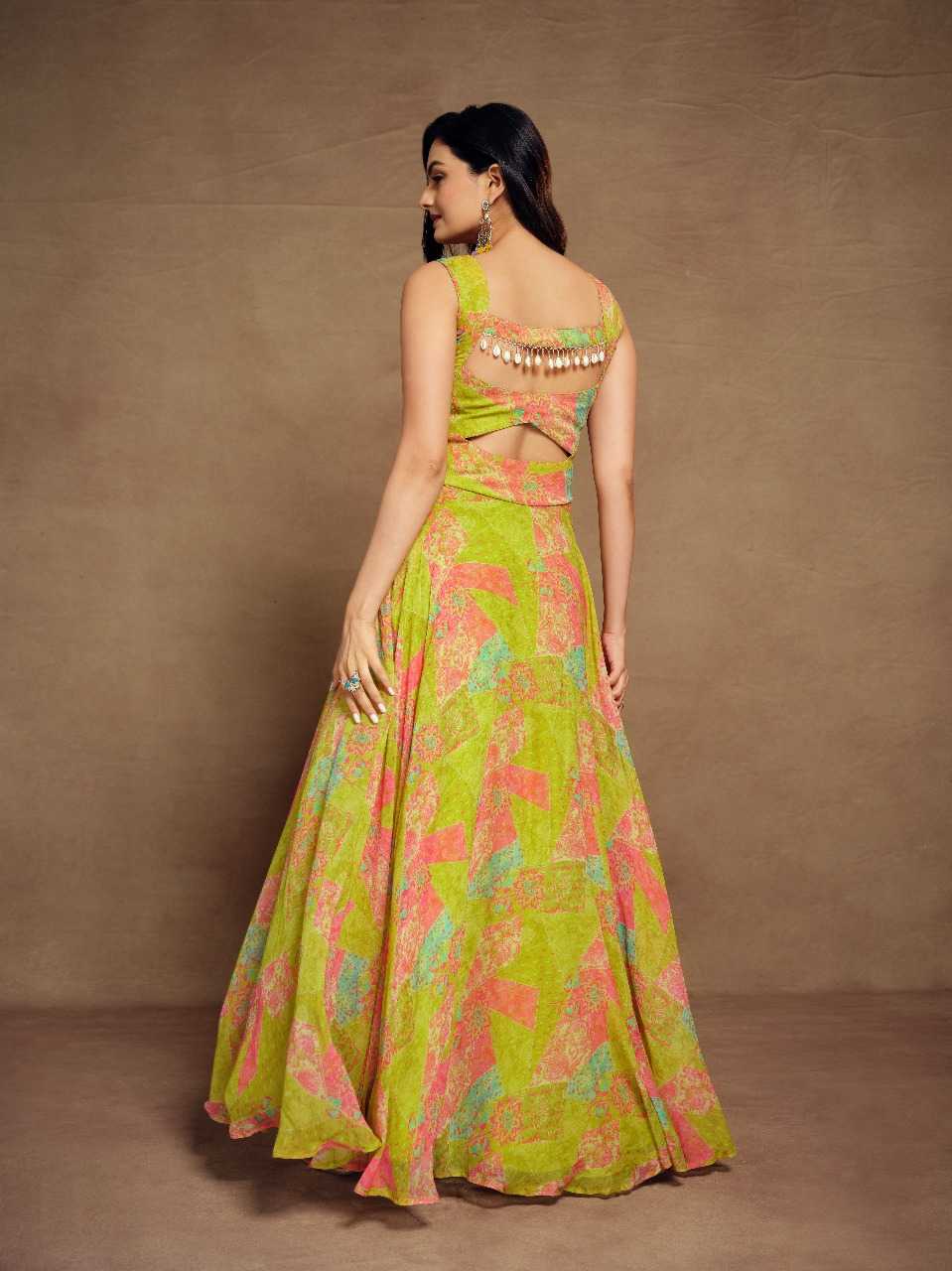 Vibrant Multicolor Faux Georgette Flared Gown with Mirror Detailing