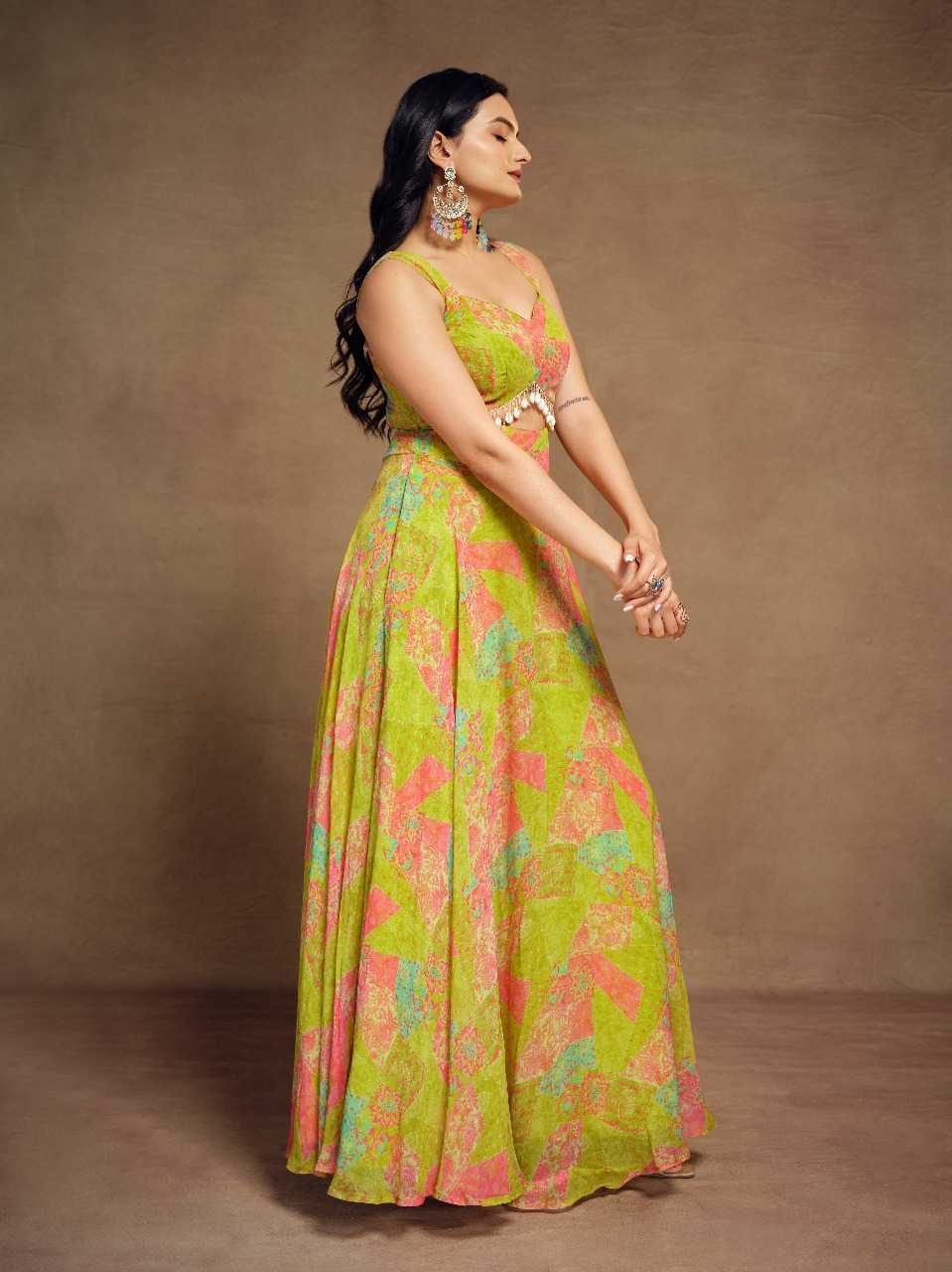 Vibrant Multicolor Faux Georgette Flared Gown with Mirror Detailing