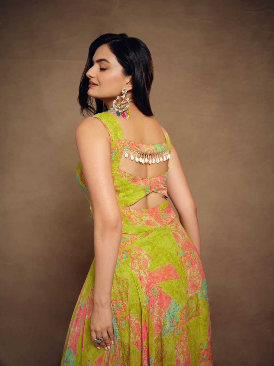 Vibrant Multicolor Faux Georgette Flared Gown with Mirror Detailing