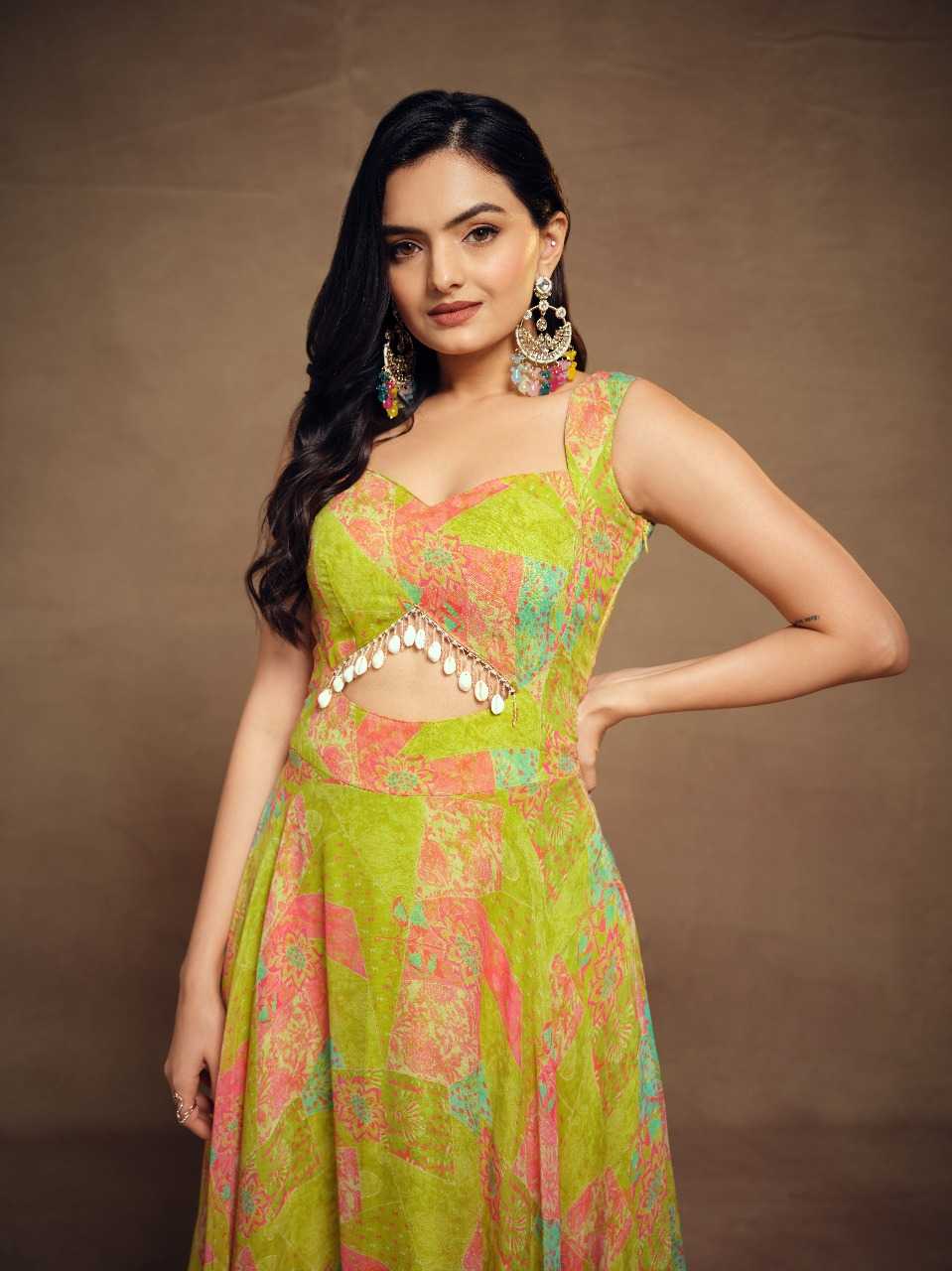 Vibrant Multicolor Faux Georgette Flared Gown with Mirror Detailing