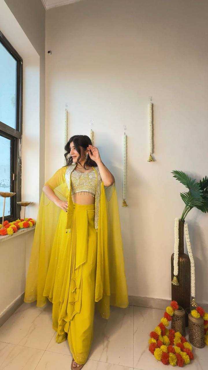 Sunshine Glam Yellow Indo-Western Ruffle Skirt & Top Set with Embroidered Cape