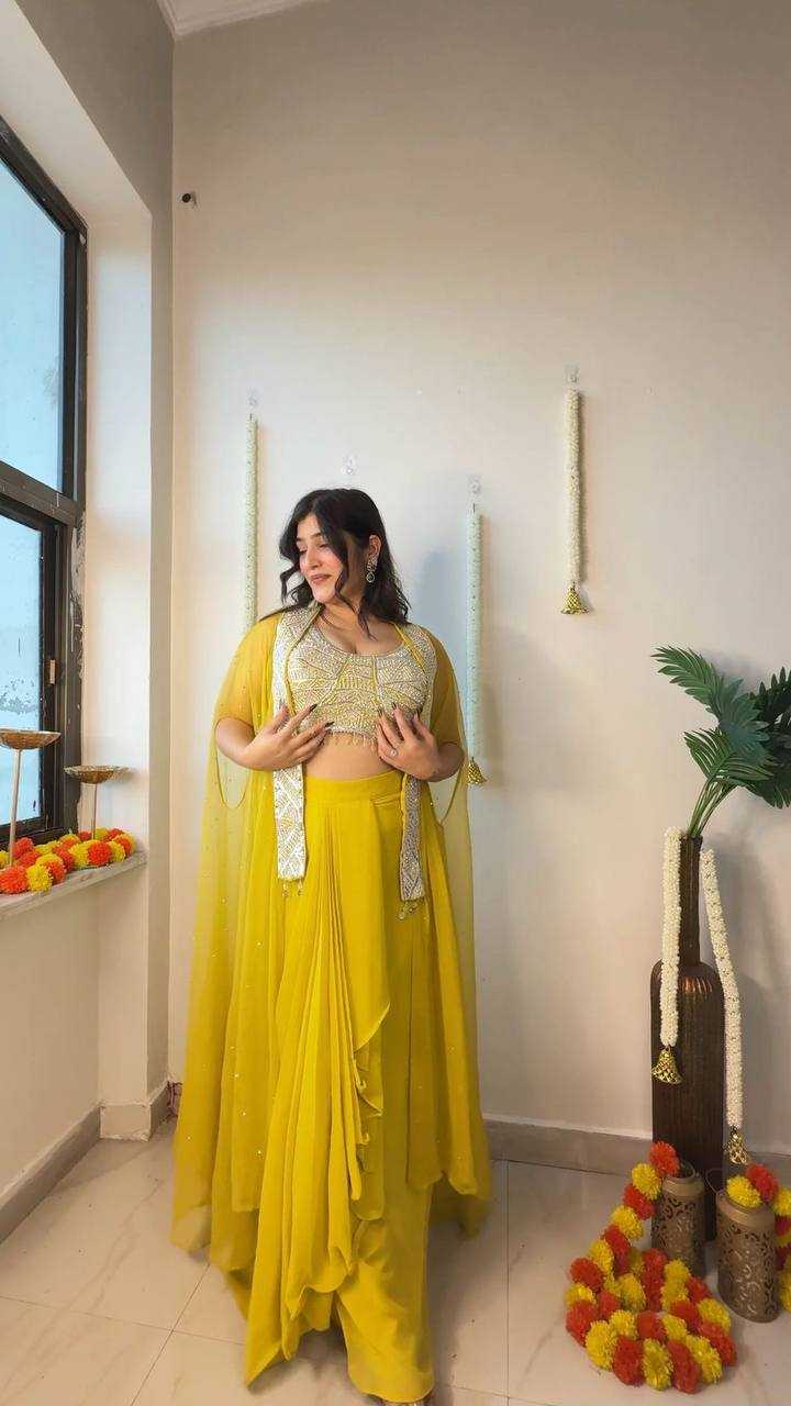 Sunshine Glam Yellow Indo-Western Ruffle Skirt & Top Set with Embroidered Cape