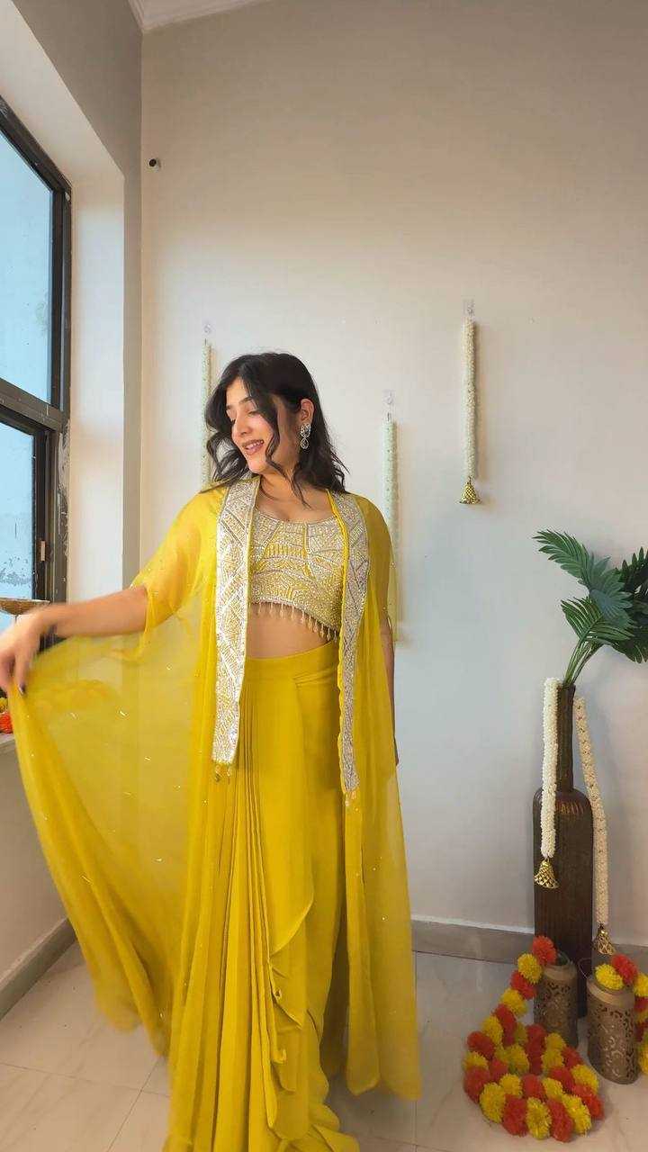 Sunshine Glam Yellow Indo-Western Ruffle Skirt & Top Set with Embroidered Cape