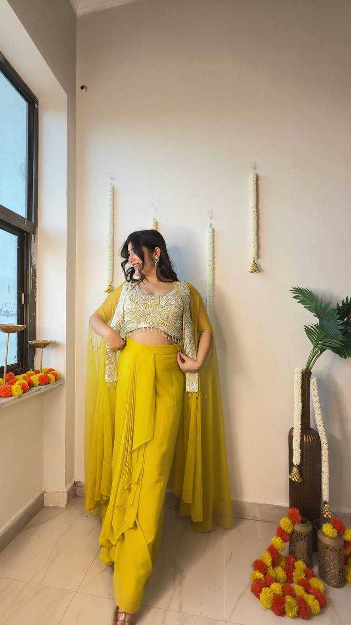 Sunshine Glam Yellow Indo-Western Ruffle Skirt & Top Set with Embroidered Cape