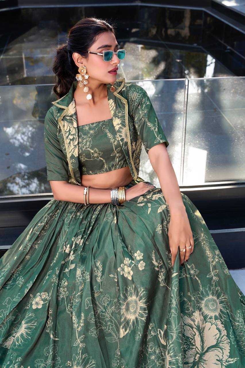 Ivory Bloom – Tussar Silk Floral Printed Lehenga Set with Lace Koti 🌸