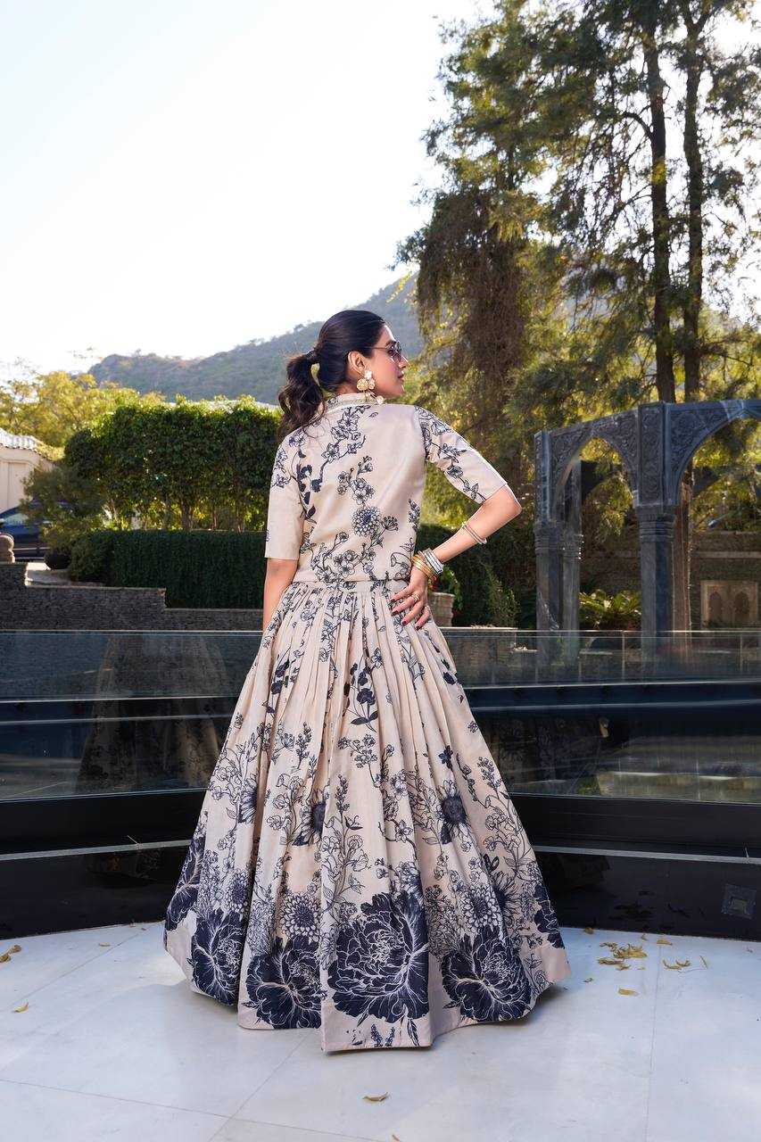 Ivory Bloom – Tussar Silk Floral Printed Lehenga Set with Lace Koti 🌸