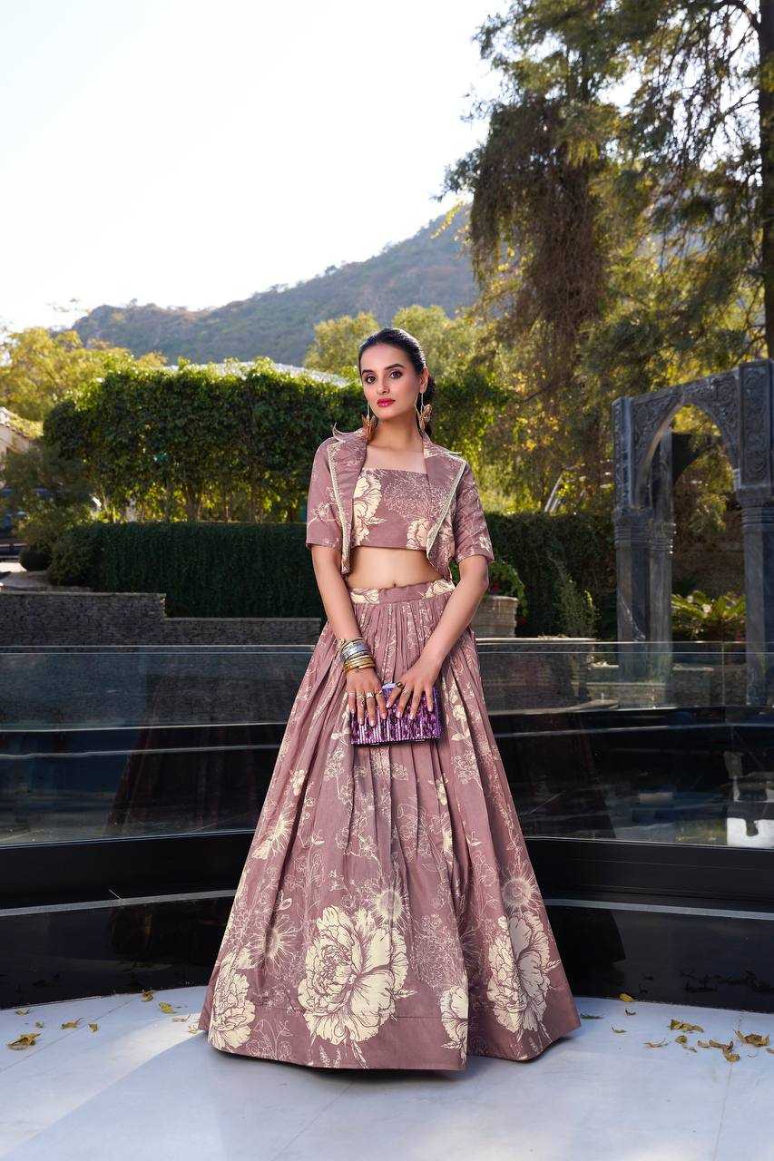 Ivory Bloom – Tussar Silk Floral Printed Lehenga Set with Lace Koti 🌸