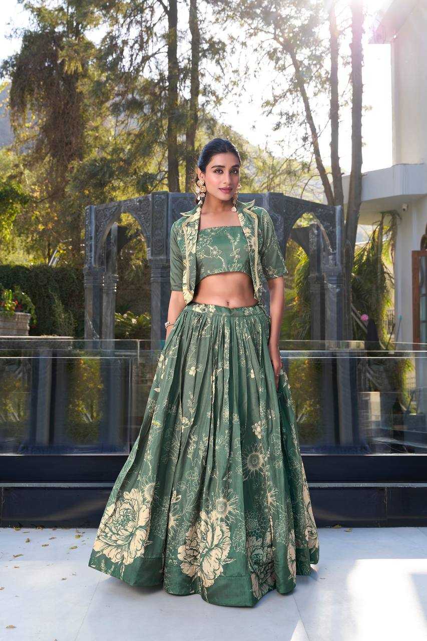 Ivory Bloom – Tussar Silk Floral Printed Lehenga Set with Lace Koti 🌸