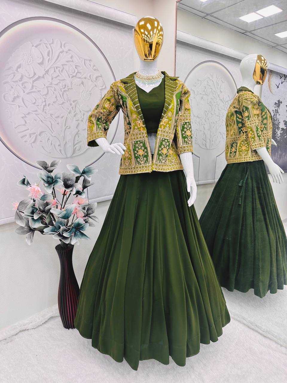 Olive Aura – Mono Silk Lehenga Set with Embroidered Jacket