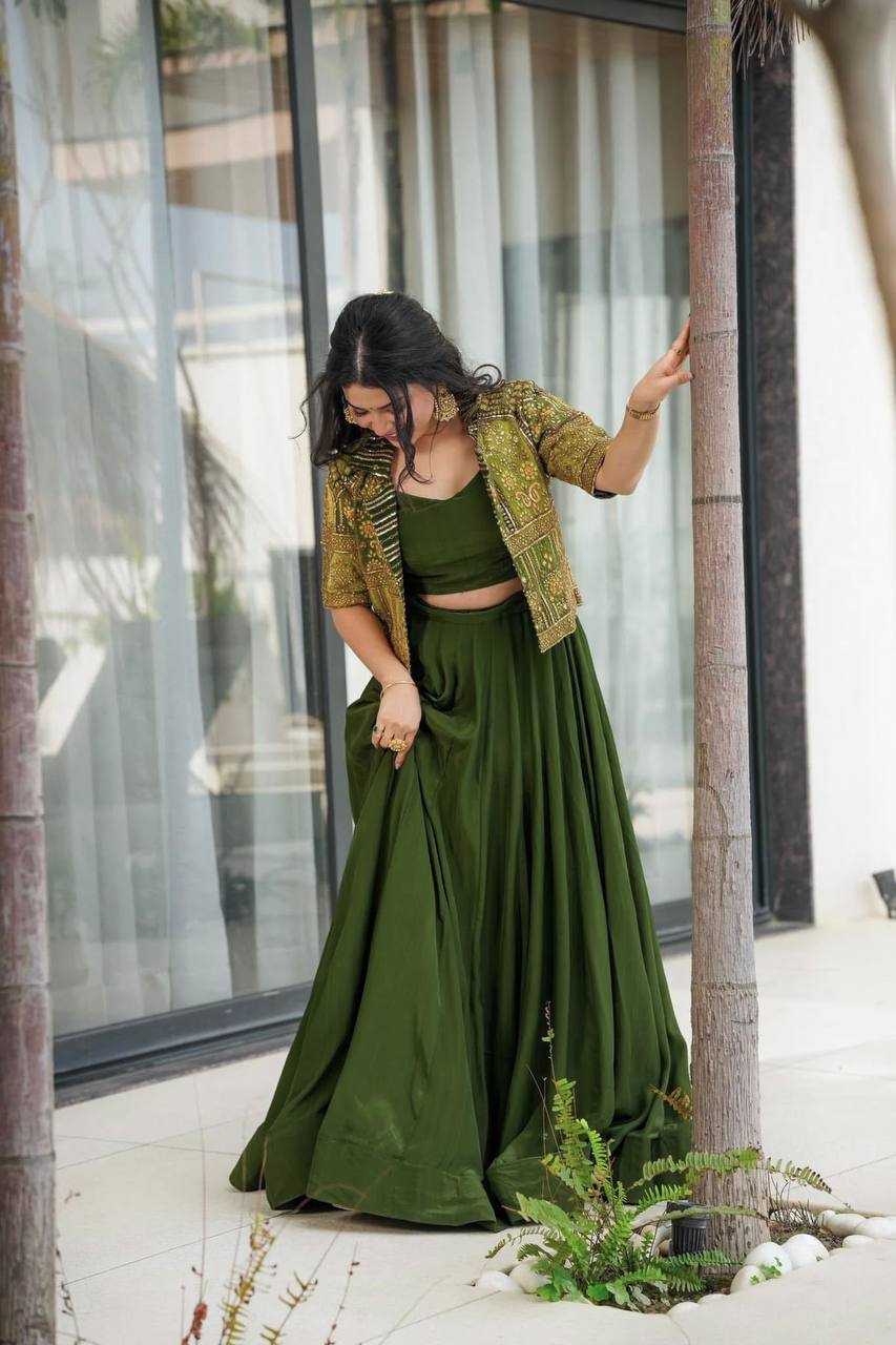 Olive Aura – Mono Silk Lehenga Set with Embroidered Jacket