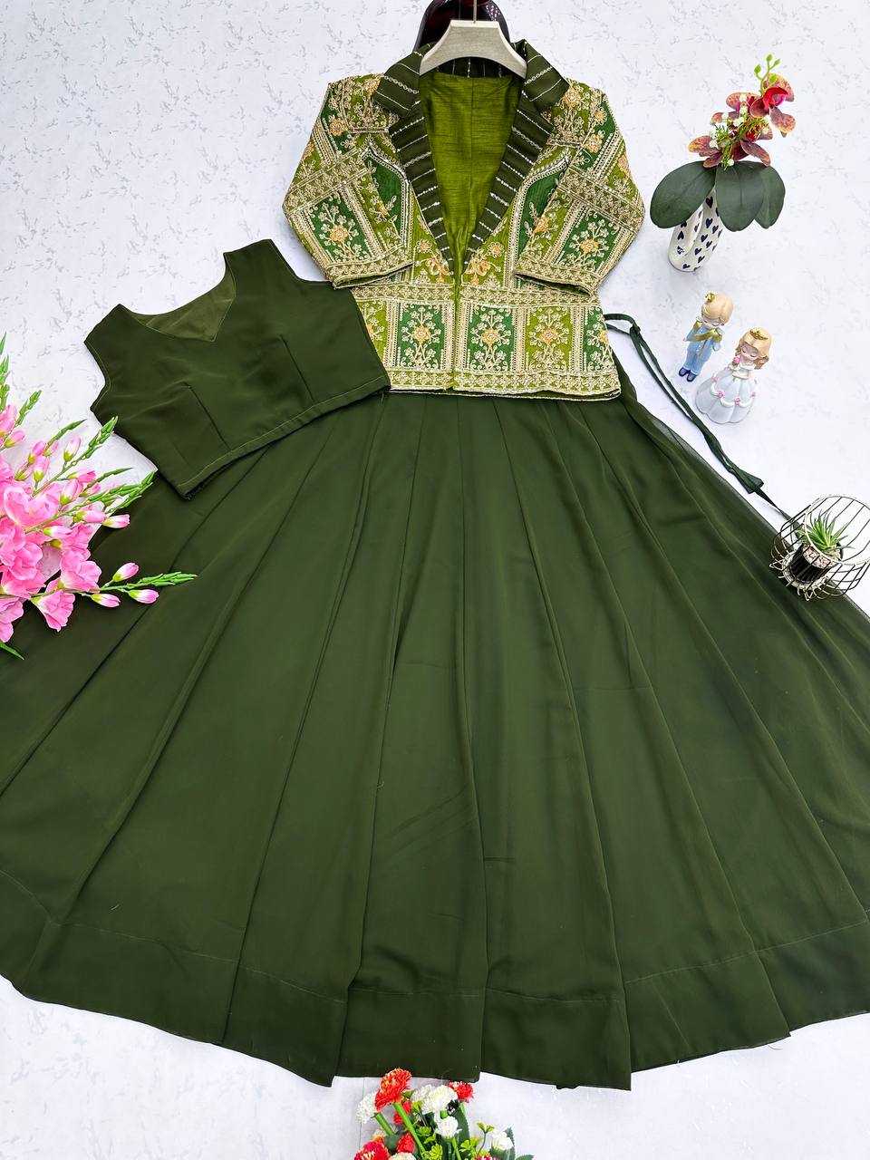 Olive Aura – Mono Silk Lehenga Set with Embroidered Jacket