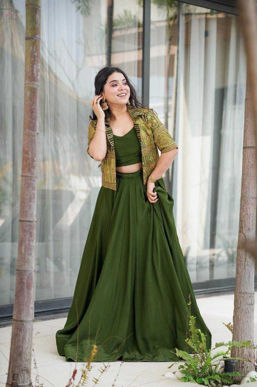 Olive Aura – Mono Silk Lehenga Set with Embroidered Jacket
