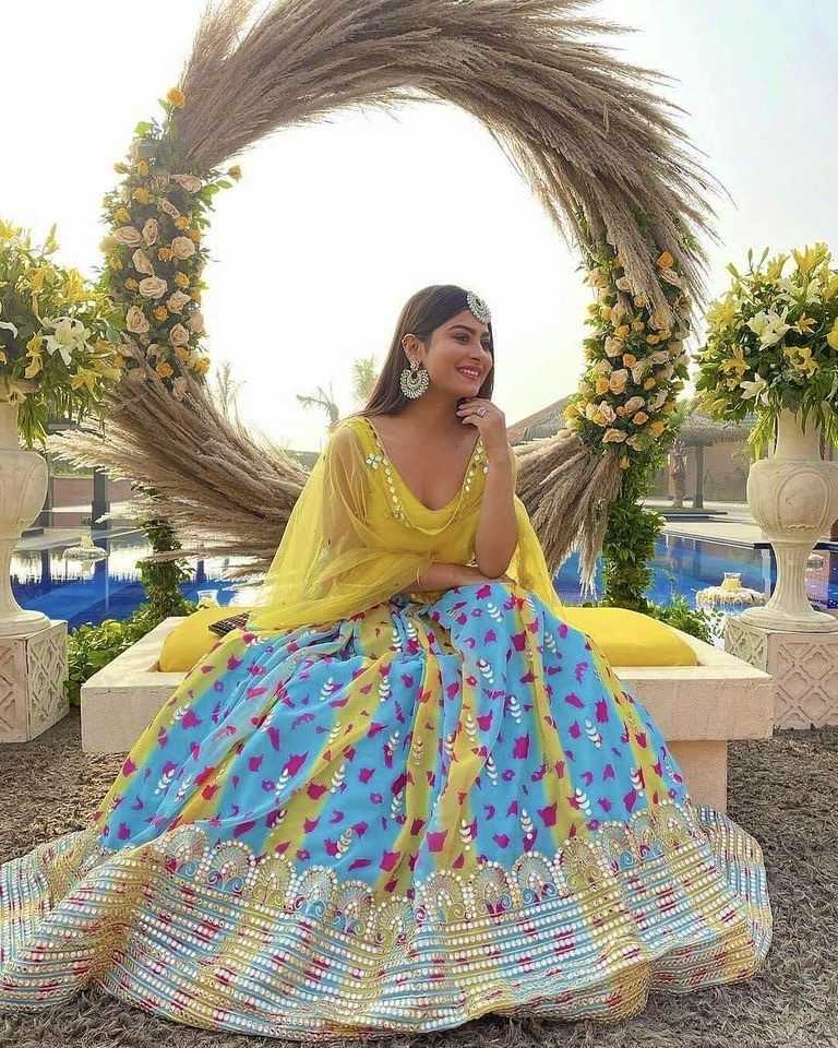 Vibrant Yellow & Aqua Digital Print Georgette Lehenga with Mirror & Zari Work