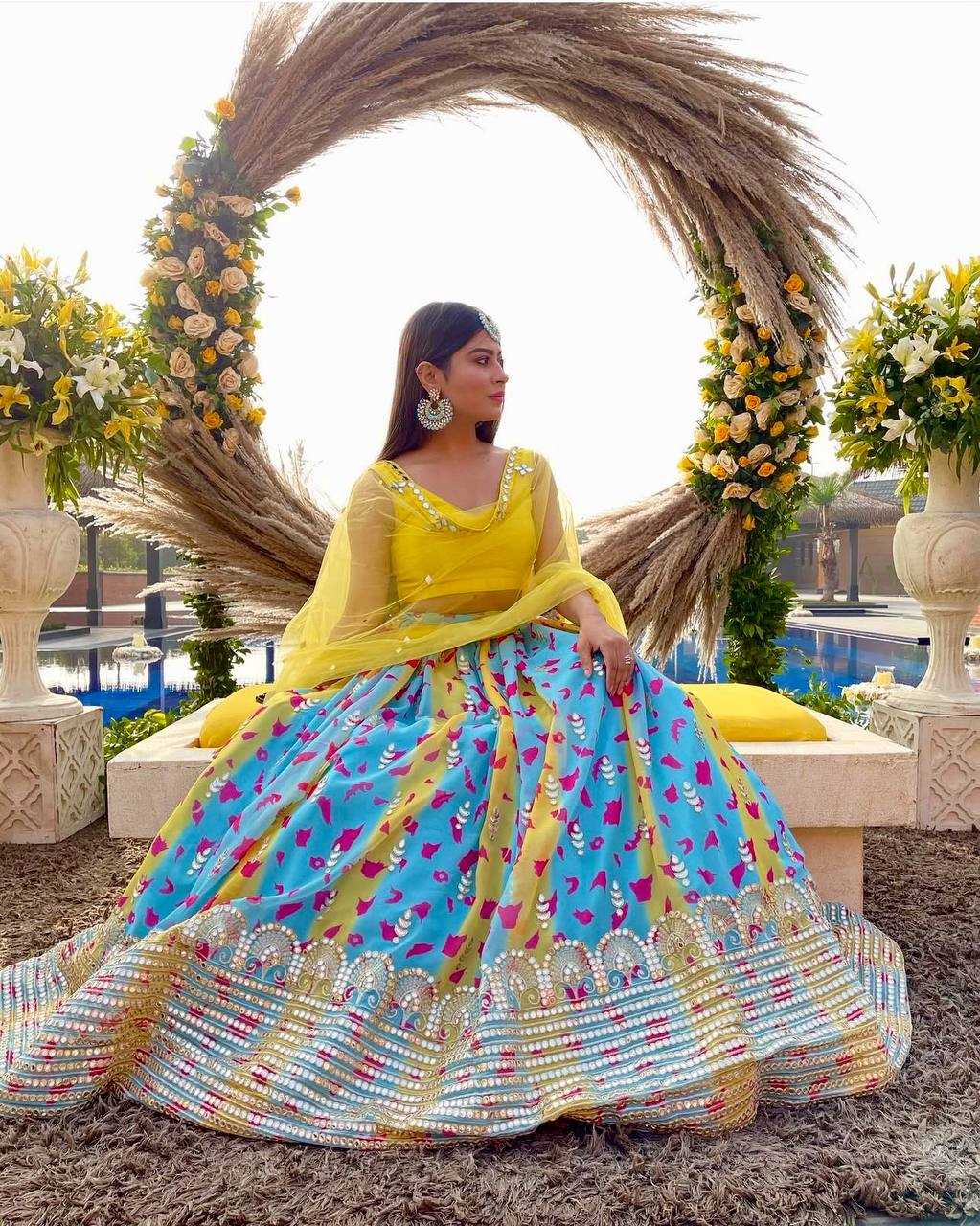 Vibrant Yellow & Aqua Digital Print Georgette Lehenga with Mirror & Zari Work