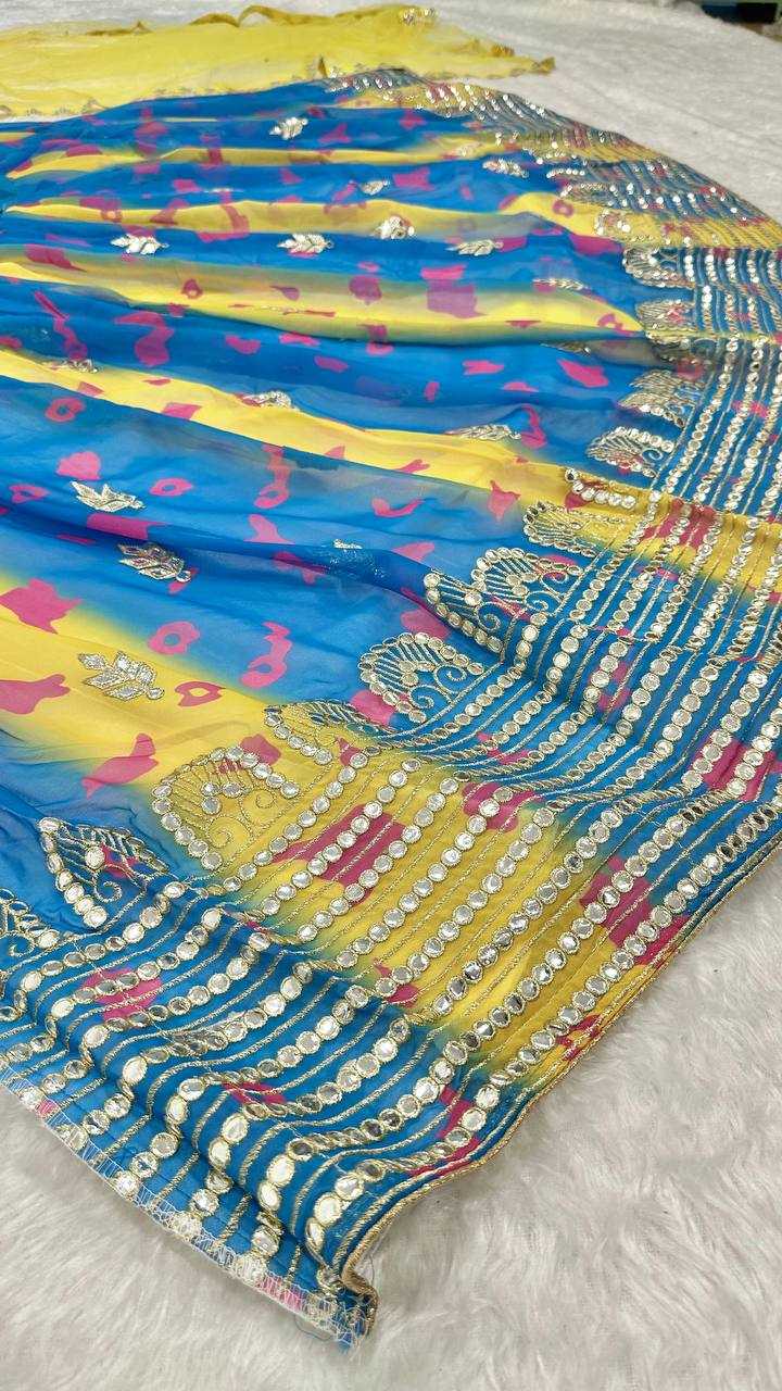 Vibrant Yellow & Aqua Digital Print Georgette Lehenga with Mirror & Zari Work