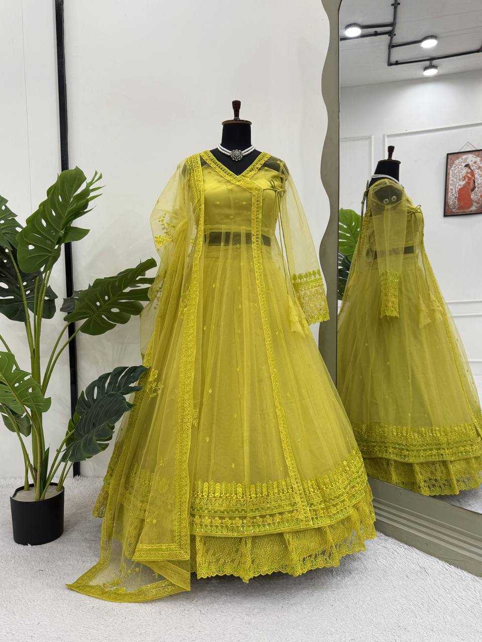 🛍️Regal Olive Green Embroidered Layered Anarkali Gown with Dupatta