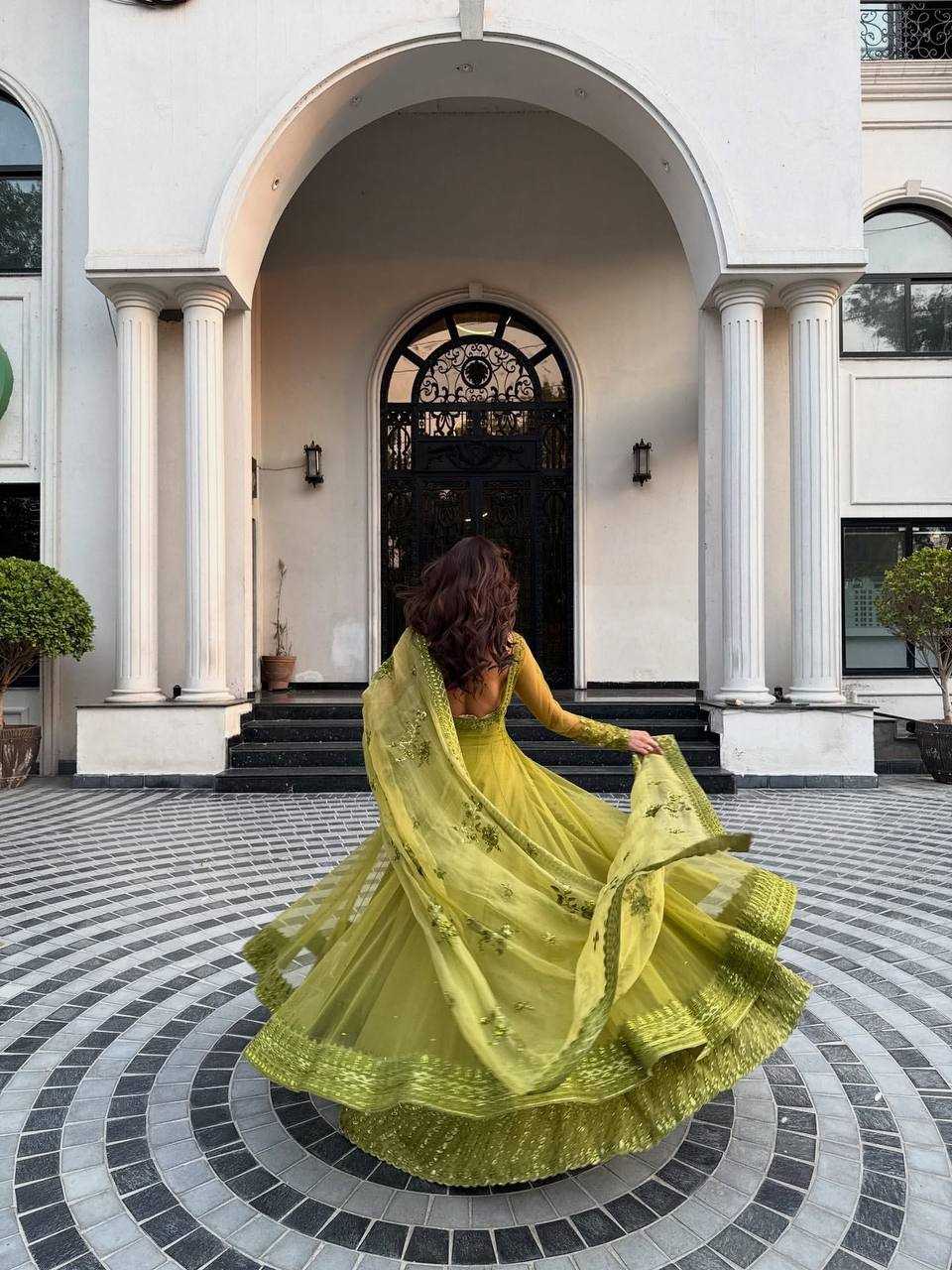 🛍️Regal Olive Green Embroidered Layered Anarkali Gown with Dupatta