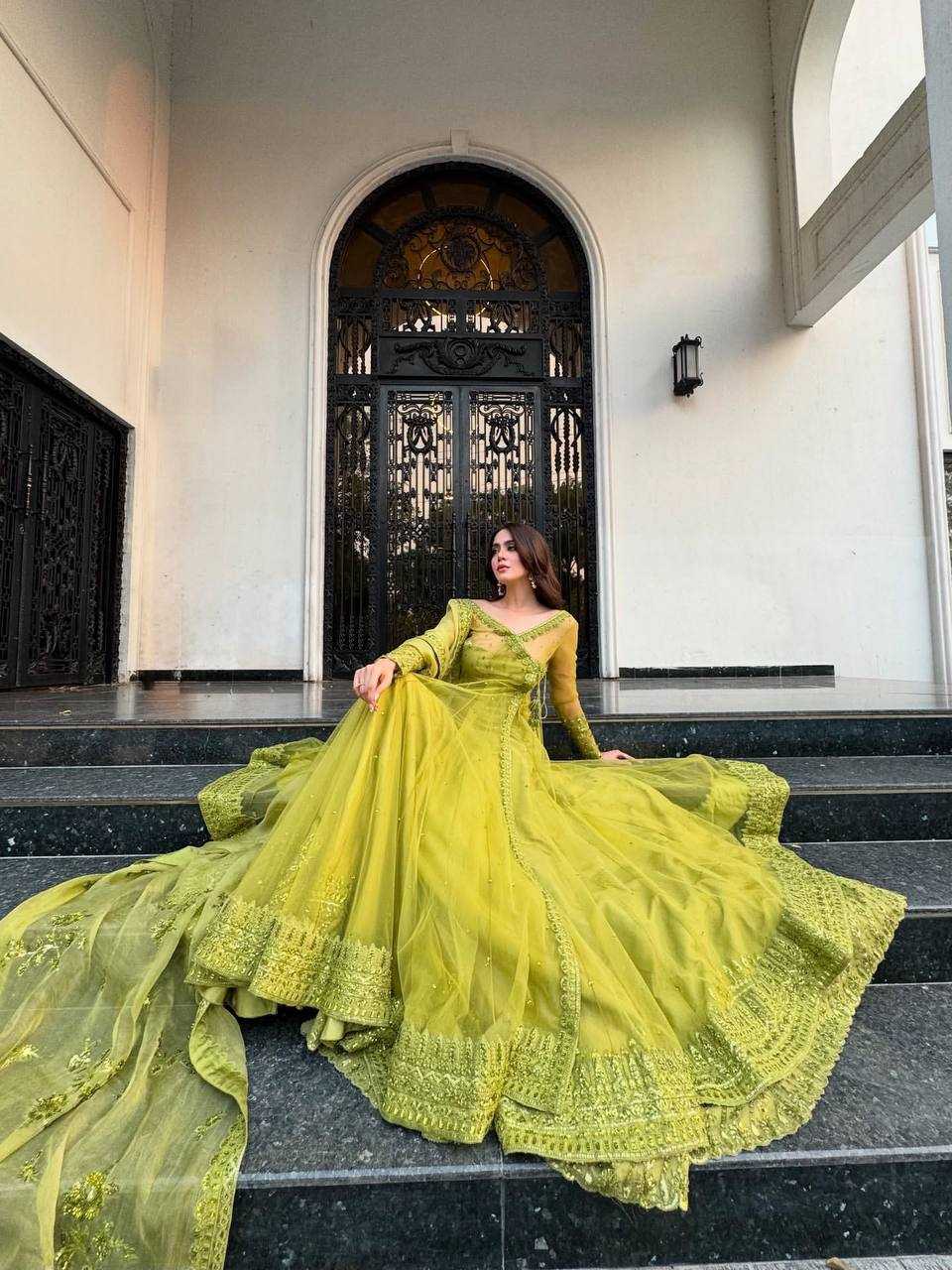 🛍️Regal Olive Green Embroidered Layered Anarkali Gown with Dupatta