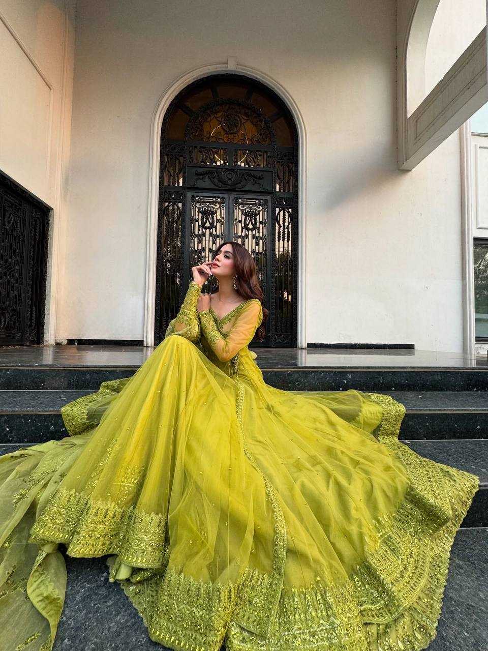 🛍️Regal Olive Green Embroidered Layered Anarkali Gown with Dupatta