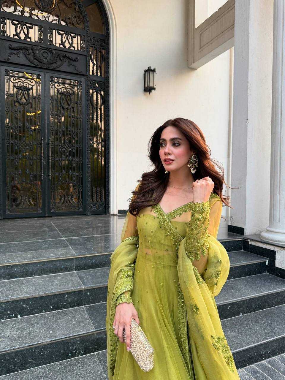 🛍️Regal Olive Green Embroidered Layered Anarkali Gown with Dupatta