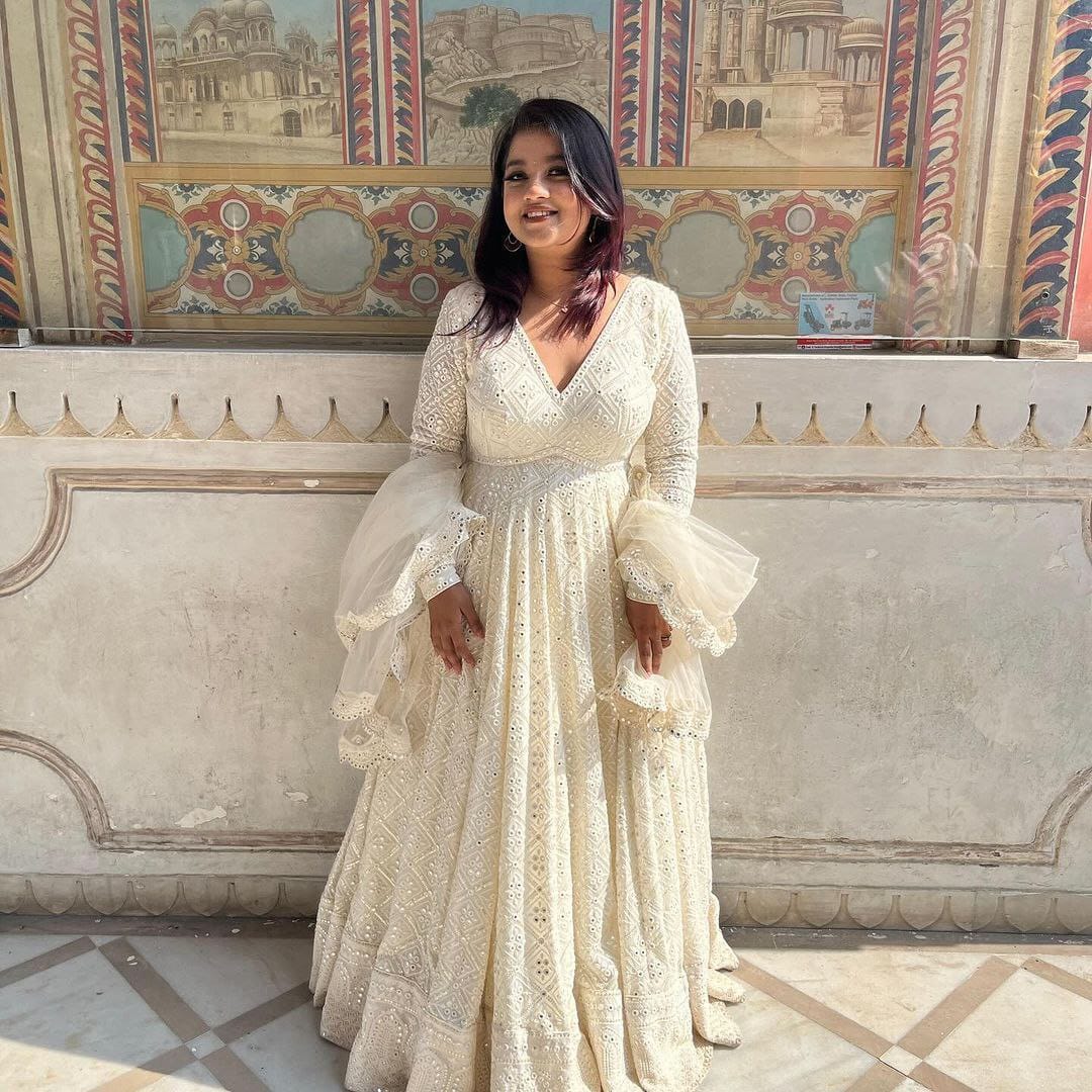 Ivory Luxe Embroidered Anarkali Gown Suit with Statement Sleeves