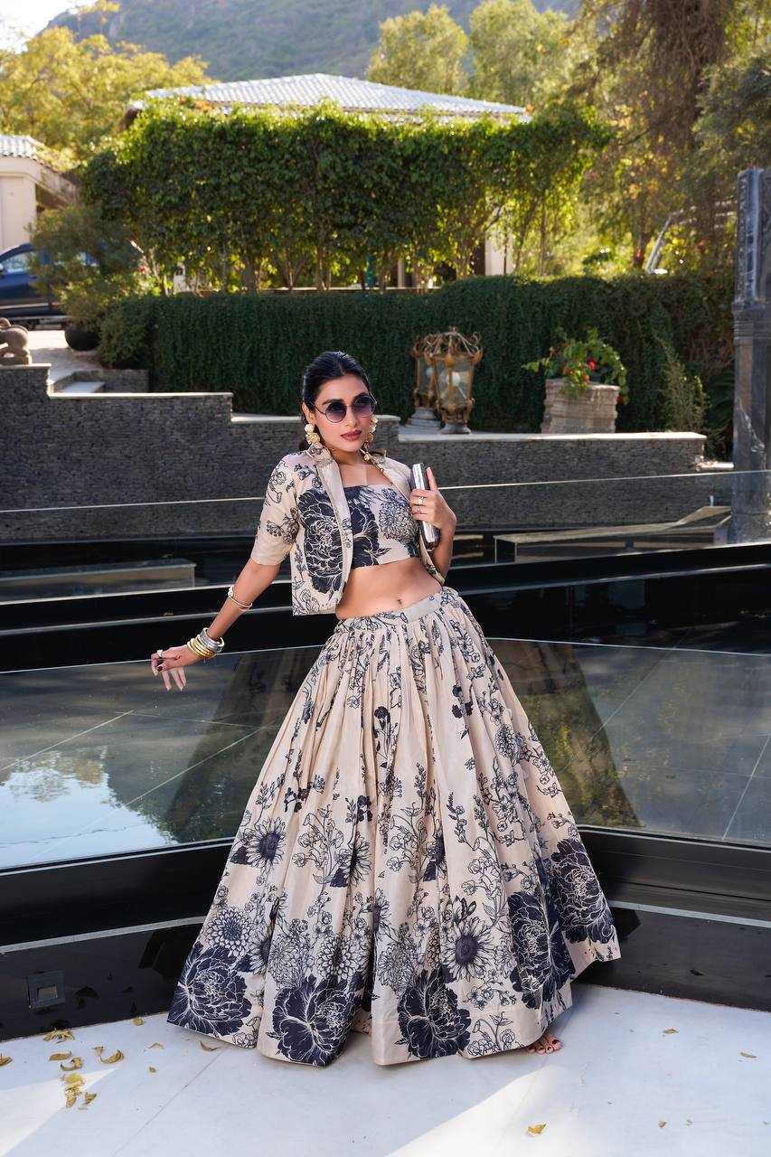 Ivory Bloom – Tussar Silk Floral Printed Lehenga Set with Lace Koti 🌸