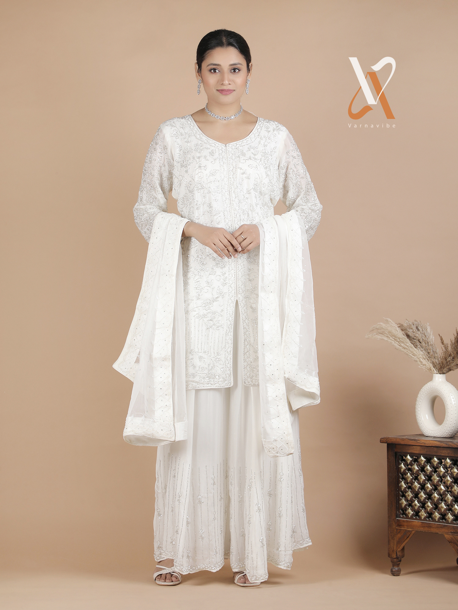 Timeless Ivory Embroidered Kurta Sharara Set with Dupatta