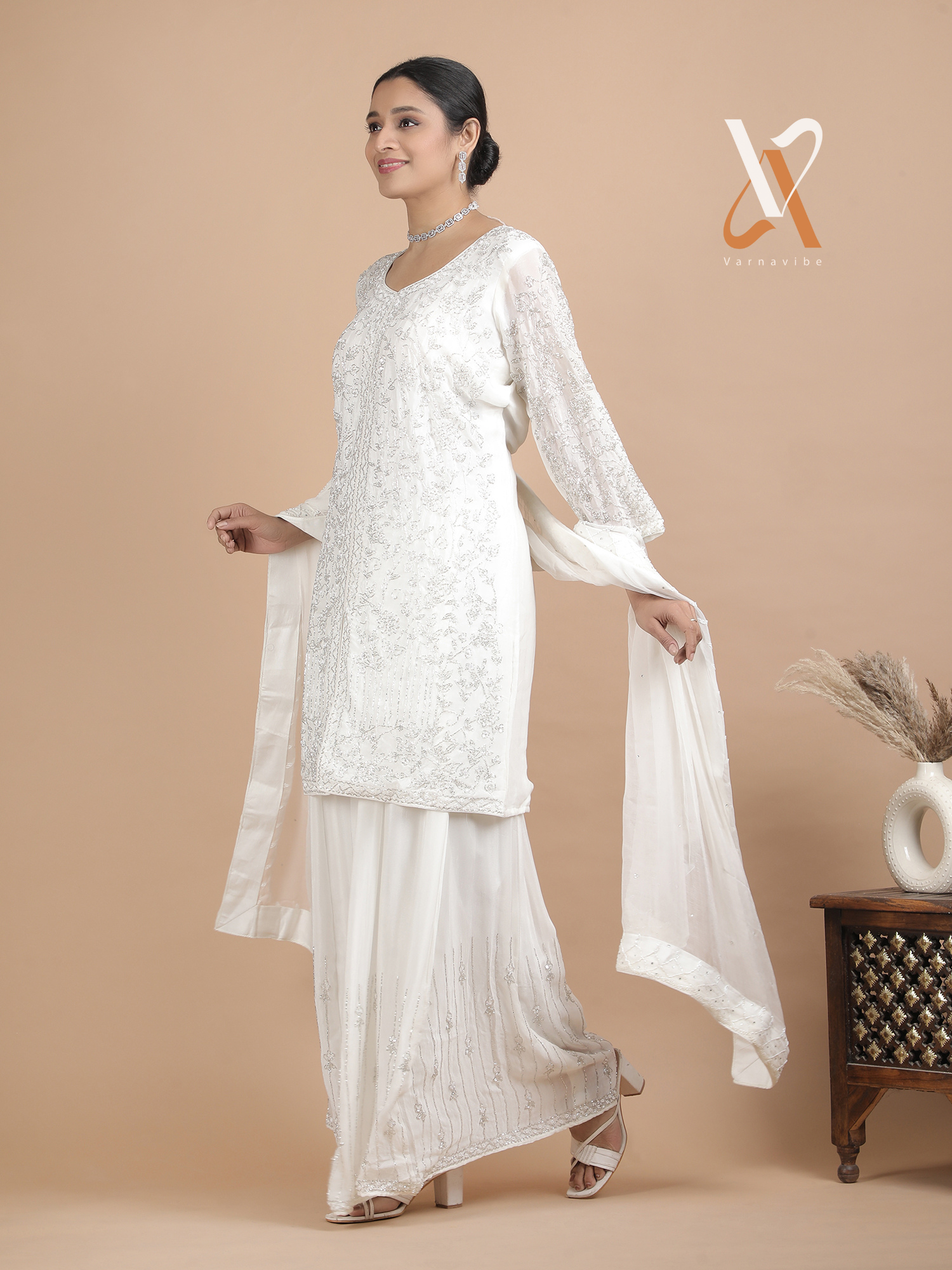 Timeless Ivory Embroidered Kurta Sharara Set with Dupatta