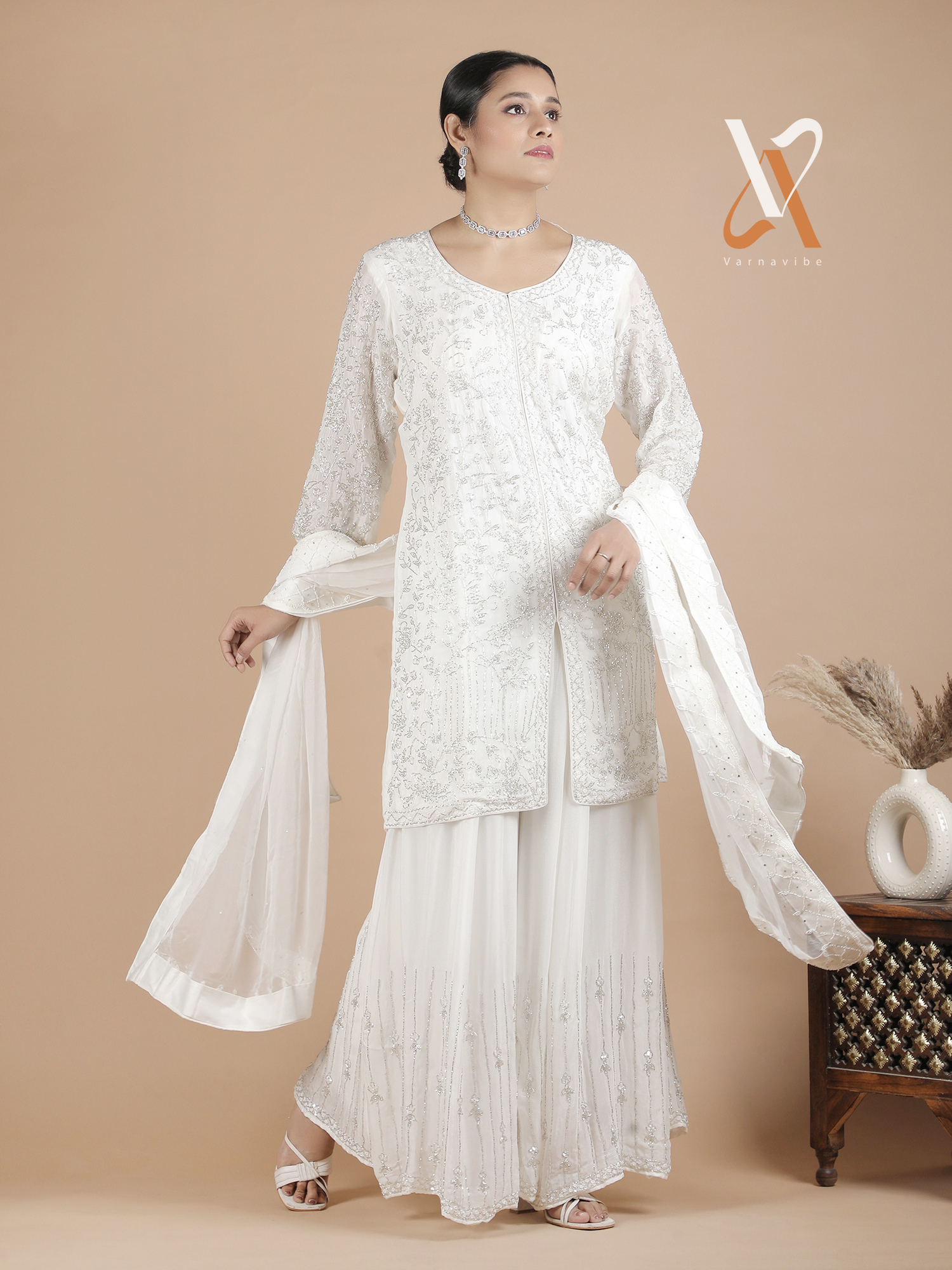 Timeless Ivory Embroidered Kurta Sharara Set with Dupatta
