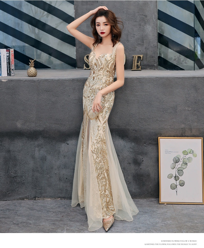 Fishtail Long Summer Sequins Sling Evening Gown – Sleeveless Luxe Edition