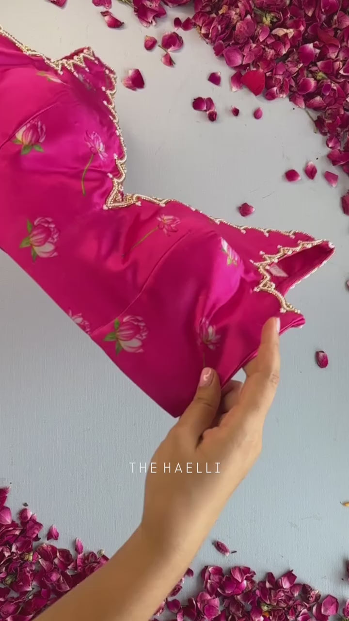 Lotus Bloom Hand-Painted Organza Saree with Hot Pink Scallop Blouse